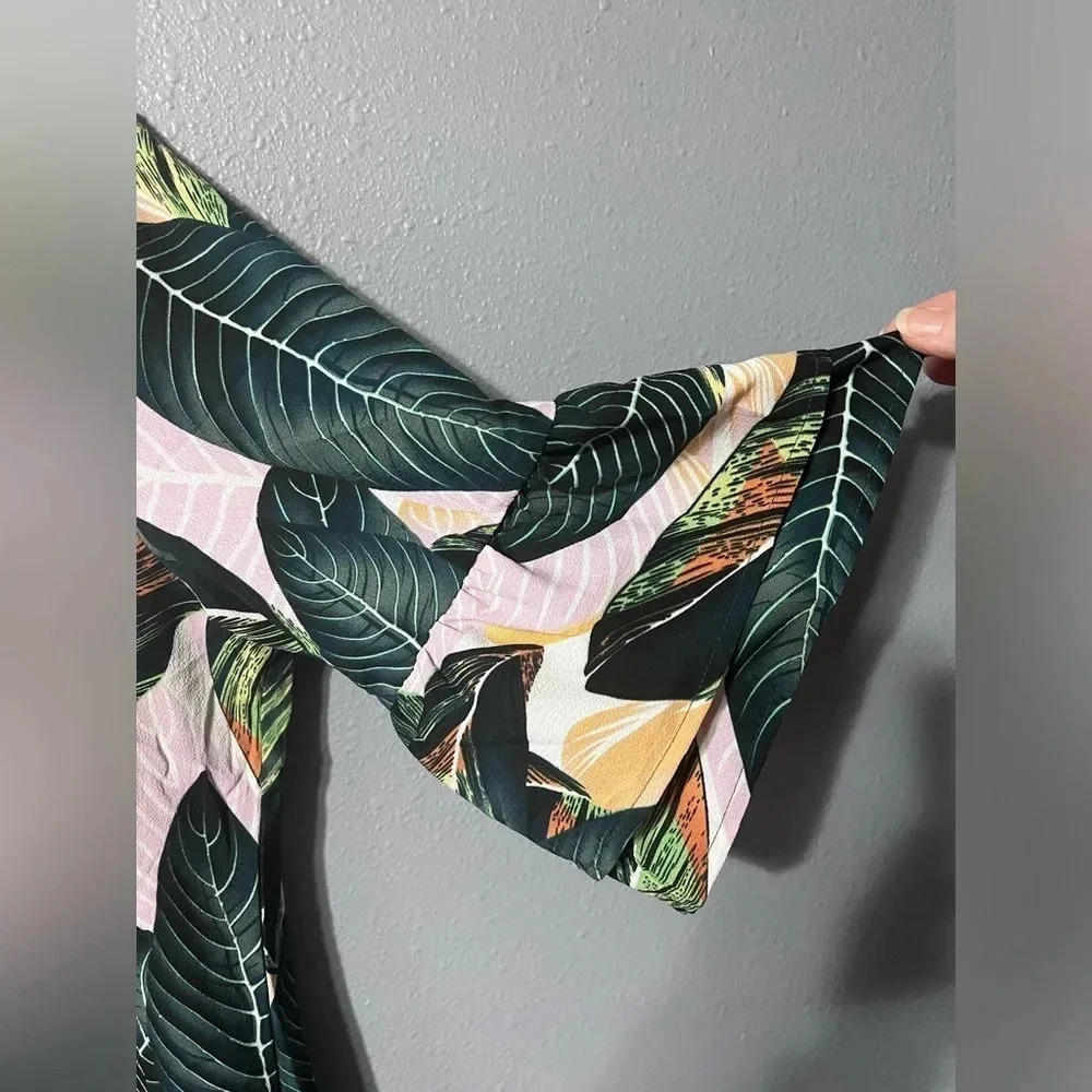 NWT Belongsci Green Tropical Floral Leaf Shift Dress XL Bell Sleeves Lined TWE - Picture 5 of 6
